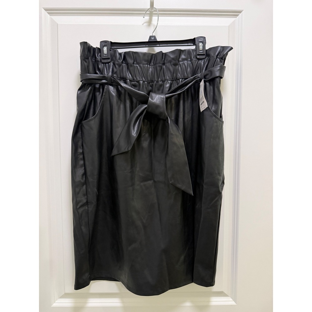 Time and Tru Black Faux Leather Paperbag Waist Midi Skirt with Belt Size L 12-14